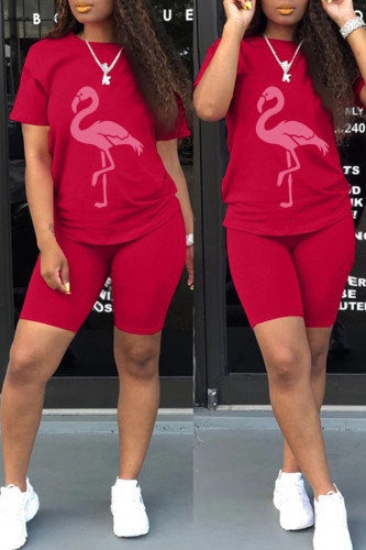 Red Casual Print Patchwork O Neck Short Sleeve Two Pieces