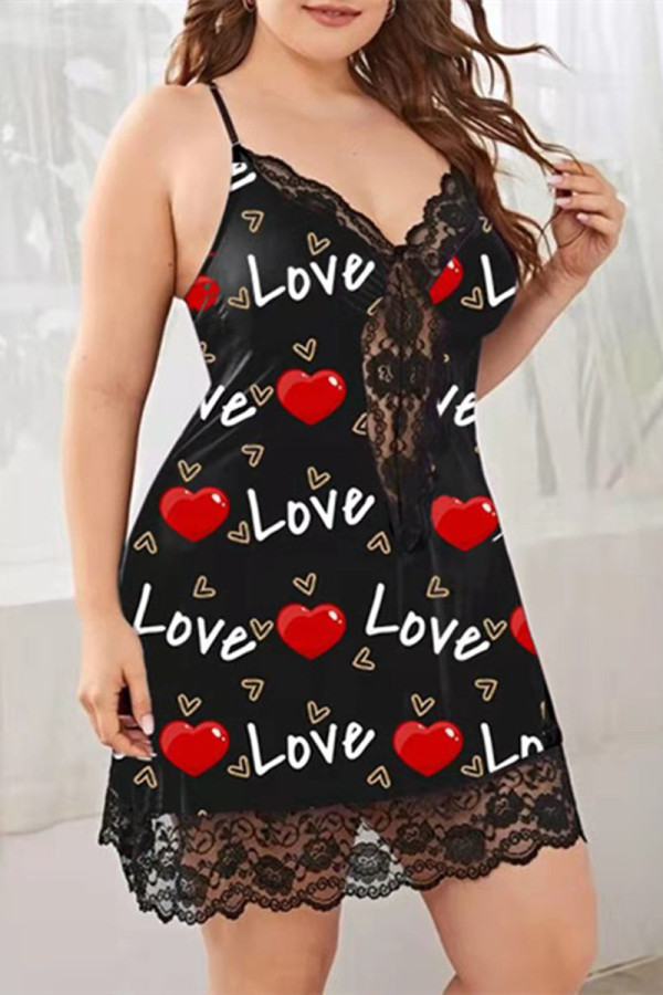 Zwarte mode sexy letterprint uitgeholde doorzichtige grote maat lingerie