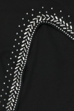 黒のセクシーな固体パッチワーク非対称ホットドリル V ネックワンステップスカートドレス