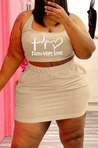 Apricot Sexy Casual Print Basic U Neck Plus Size Two Pieces