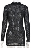 Negro sexy estampado leopardo patchwork transparente medio cuello alto un paso falda vestidos