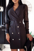 Vestidos de manga larga con cuello en V de patchwork sólido sexy de moda negra
