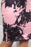 Roze Casual Print Patchwork O Neck One Step Rok Plus Size Jurken