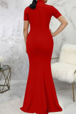 Rode sexy effen patchwork split met strik halve col rechte jurken