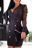 Zwarte mode sexy effen patchwork V-hals jurken met lange mouwen