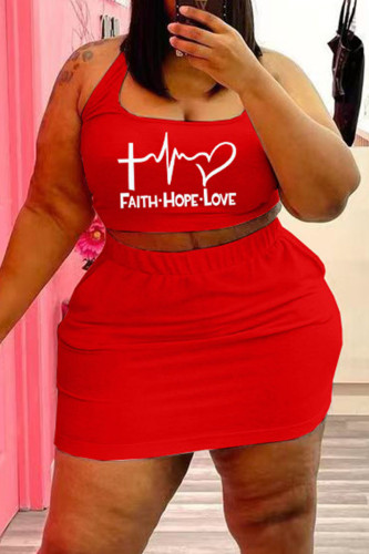 Red Sexy Casual Print Basic U Neck Plus Size Two Pieces