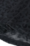 Schwarze, sexy, durchsichtige, halblange Rollkragen-Kleider mit Leoparden-Patchwork und einstufigem Rock