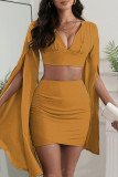 Yellow Sexy Solid Patchwork Asymmetrical V Neck Long Sleeve Two Pieces