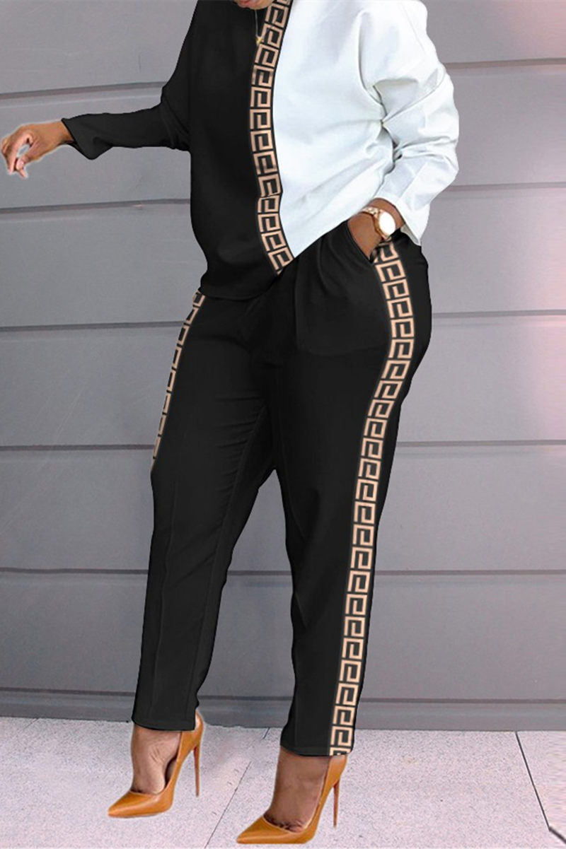 

Gold Fashion Casual Print Split Joint O Neck Long Sleeve Two Pieces