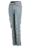 Black Denim Button Fly Sleeveless High Hole Solid Old Patchwork Straight Pants Pants