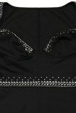 Schwarze Sexy Solide Patchwork Asymmetrische Hot Drill V-Ausschnitt One Step Rock Kleider