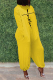 ベルトなしのグレーのカジュアルレタープリントOネックルーズジャンプスーツ