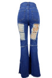 Jeans de talla grande rasgados sólidos casuales de moda azul