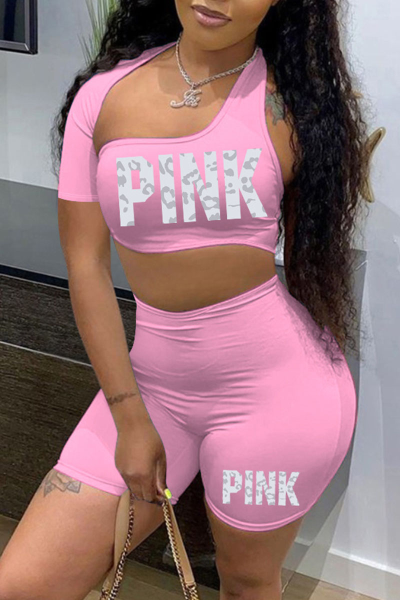 

Pink Sexy Casual Letter Print Hollowed Out Short Sleeve Two Pieces