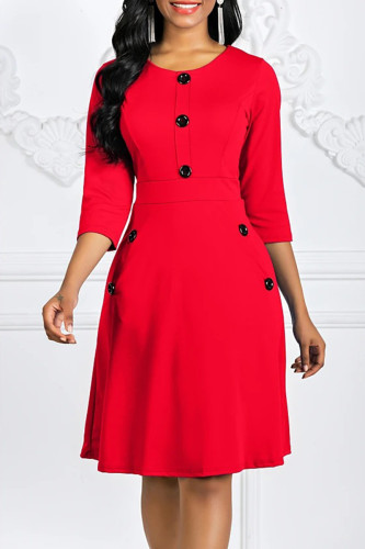 Красные модные повседневные однотонные базовые платья с круглым вырезом