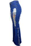 Jeans de talla grande rasgados sólidos casuales de moda azul