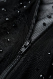 Черный сексуальный однотонный костюм из двух предметов с блестками и лоскутными кисточками, прямой, без рукавов, из двух частей, короткий комплект
