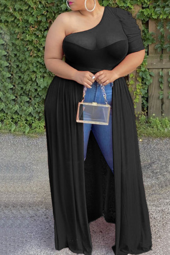 Black Fashion Casual Plus Size Solid See-through Backless Oblique Collar Short Sleeve Dress