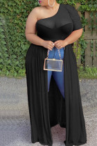 Zwarte mode casual plus size effen doorschijnende rugloze schuine kraag korte mouw jurk