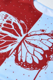 Röd Casual Butterfly Print Patchwork O-hals långärmad två delar