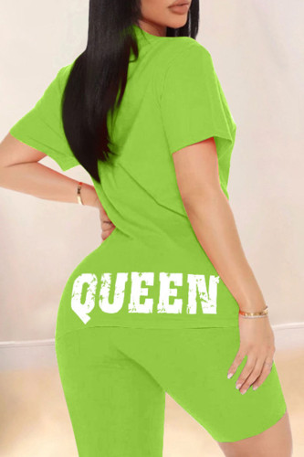 Fluorescent Color Fashion Casual Letter Print Basic O Neck Short Sleeve Two Pieces