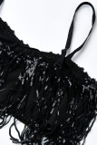 Terno de duas peças preto sexy sólido de lantejoulas patchwork borla reta sem manga de duas peças curta