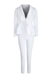 ホワイト カジュアル ツーピース スーツ パッチワーク フリル 無地 鉛筆 長袖