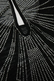 Черное сексуальное однотонное выдолбленное лоскутное горячее платье с круглым вырезом и юбкой в ​​один шаг