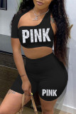 Pink Sexy Casual Letter Print Hollowed Out Short Sleeve Two Pieces