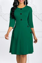 Зеленые модные повседневные однотонные базовые платья с круглым вырезом