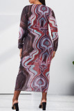 Vestidos multicoloridos moda casual estampa transparente decote oco manga longa plus size