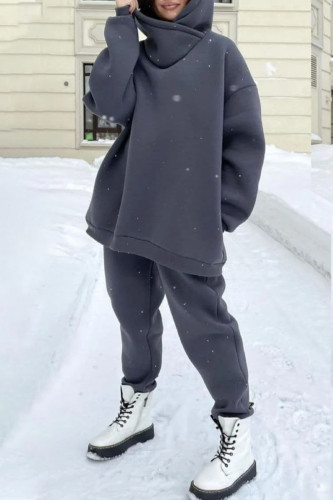 Dark Gray Casual Solid Patchwork Hooded Collar Long Sleeve Two Pieces