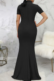 Zwarte sexy effen patchwork split met strik halve col rechte jurken