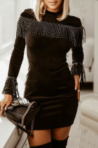 Черные модные лоскутные платья с круглым вырезом и кисточками с длинным рукавом
