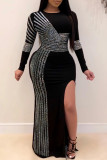 Черное модное сексуальное лоскутное горячее сверление с разрезом и круглым вырезом с длинным рукавом Платья больших размеров