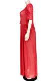 Красное модное повседневное платье больших размеров с прозрачным вырезом на спине и косым воротником с коротким рукавом