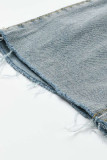 Pantalones rectos con botones de mezclilla sin mangas con agujeros altos sólidos de mezclilla azul claro