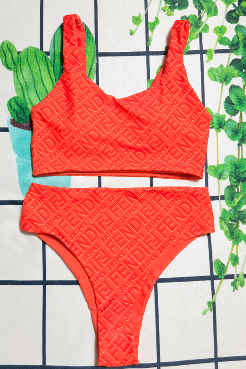 

Tangerine Red Fashion Sexy Letter Split Joint Swimwears