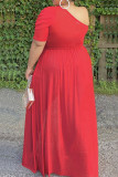 Красное модное повседневное платье больших размеров с прозрачным вырезом на спине и косым воротником с коротким рукавом