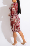 Röd Mode Sexig Patchwork Paljetter Genomskinliga V-hals långärmade klänningar