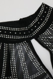 Черное сексуальное однотонное выдолбленное лоскутное горячее платье с круглым вырезом и юбкой в ​​один шаг