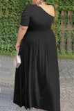Zwarte mode casual plus size effen doorschijnende rugloze schuine kraag korte mouw jurk