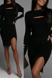 Black Sexy Solid Hollowed Out Patchwork Buttons Slit O Neck One Step Skirt Dresses