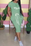 Green Casual Print Letter O Neck Waist Skirt Dresses