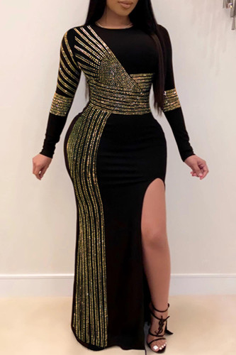 Gold Fashion Sexy Patchwork Hot Drilling Slit O Neck Long Sleeve Plus Size Dresses