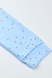 Blauwe casual patchwork met vlinderprint O-hals, twee stukken met lange mouwen