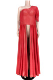 Rotes, modisches, lässiges, solides, durchsichtiges, rückenfreies, kurzärmliges Kleid mit schrägem Kragen