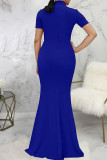 Blauwe sexy effen patchwork split met strik halve col rechte jurken
