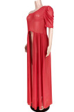 Rotes, modisches, lässiges, solides, durchsichtiges, rückenfreies, kurzärmliges Kleid mit schrägem Kragen