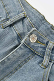 Голубые джинсовые пуговицы без рукавов с высоким отверстием Твердые старые прямые брюки в стиле пэчворк Брюки